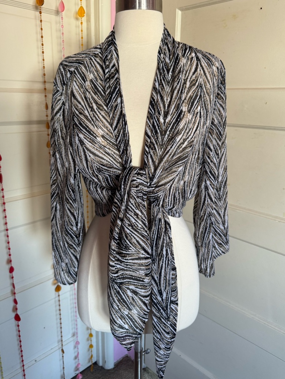 JM Collection Zebra Print Tie Front Cardigan Large Sheer Lightweight